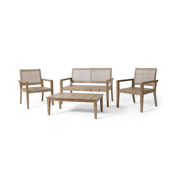 Noble House Coloma Light Multi-Brown and Light Brown 4-Piece Wicker and Wood Outdoor Patio Conversation Set
