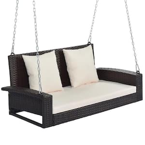 2-Person PE Wicker Brown Hanging Porch Swing with Chains and Pillow, for Garden, Backyard and Pond Beige Cushion