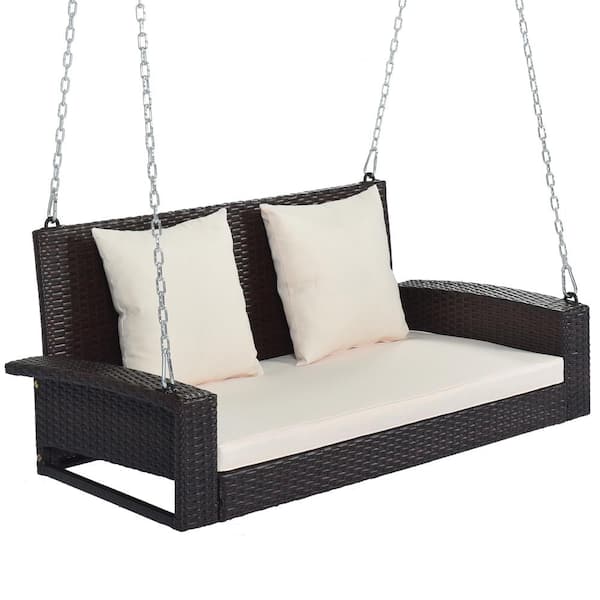 ITOPFOX 2-Person PE Wicker Brown Hanging Porch Swing with Chains and Pillow, for Garden, Backyard and Pond Beige Cushion