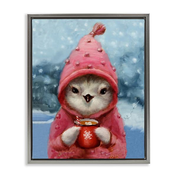 Stupell Industries Bird with Winter Cocoa by Lucia Heffernan 1-Piece Floater Frame Graphic Print Animal Poster Art Print 21 in. x 17 in.