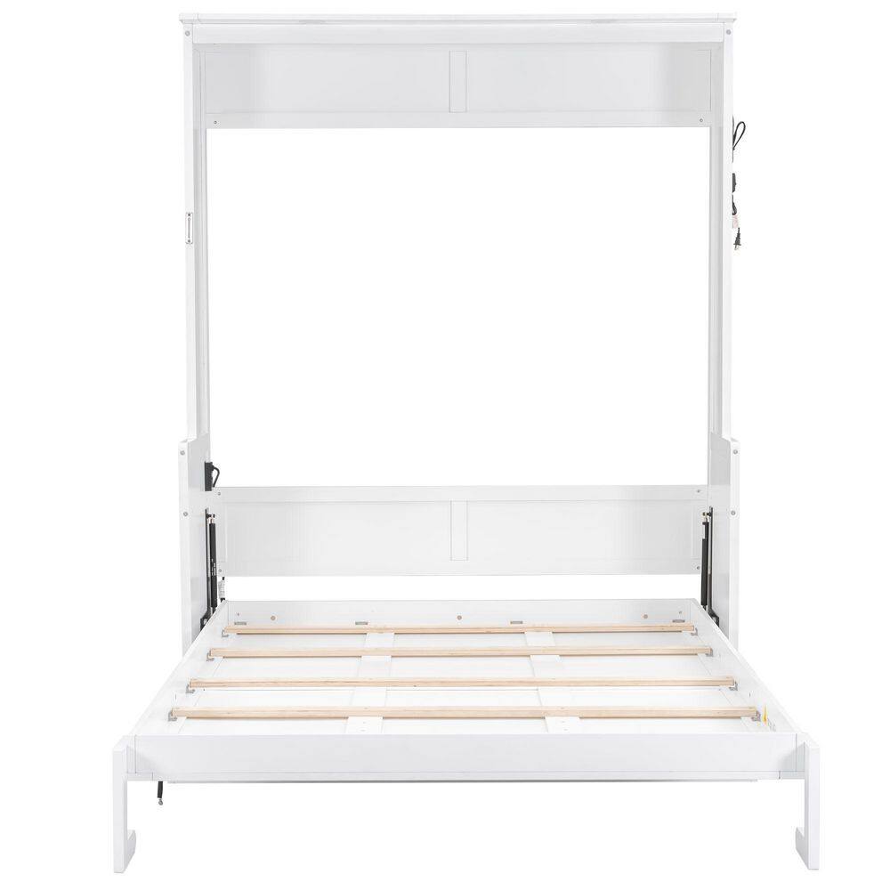 White Wood Frame Queen Murphy Bed with Desk, LED Lights and USB Charging Station - thumbnail 5
