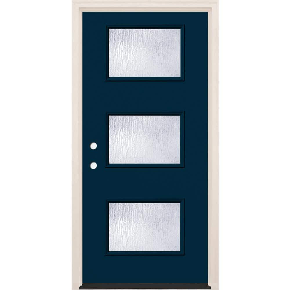 36 in. x 80 in. Right-Hand/Inswing 3-Lite Rain Glass Indigo Painted Fiberglass Prehung Front Door w/4-9/16 in. Frame price history on PriceWatchPro