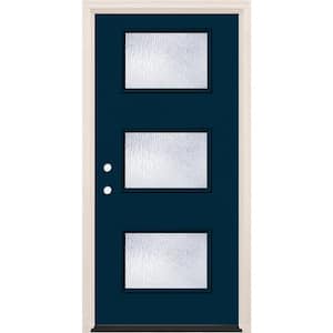 36 in. x 80 in. Right-Hand/Inswing 3-Lite Rain Glass Indigo Painted Fiberglass Prehung Front Door w/4-9/16 in. Frame
