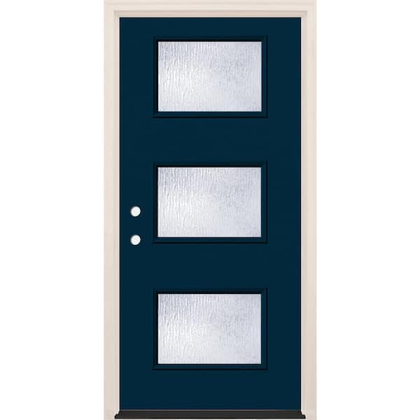 Builders Choice 36 in. x 80 in. Right-Hand/Inswing 3-Lite Rain Glass Indigo Painted Fiberglass Prehung Front Door w/4-9/16 in. Frame