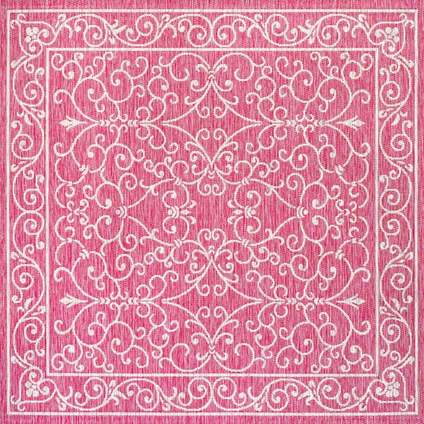 Charleston Vintage Filigree Textured Weave Fuchsia/Light Gray 5 ft. Square Indoor/Outdoor Area Rug