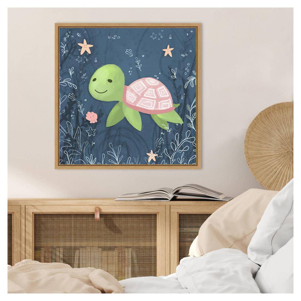 Seahorse and Turtle Blue II Canvas Wall Art with Maple Frame
