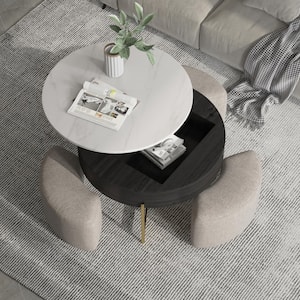 31. 5 in. White Lift Top Round Wood Coffee Table with 3-Linen Stools