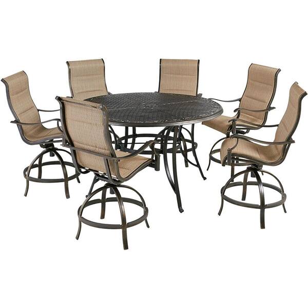 Hanover Traditions Bronze 7 Piece Aluminum Round Outdoor Dining Patio Set 6 Padded Swivel Chairs And 56 In Table All Weather Traddn7pcpdbr Tan - Patio Set 6 Chairs And Table