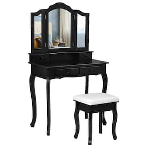 Black 4- Darwer Wooden Makeup Vanity Set with Tri-folding Mirror and Padded Stool