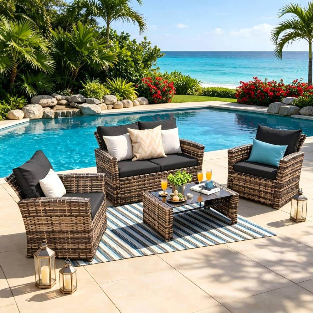 Brown 4-Piece Wicker Outdoor Patio Conversation Set with Black Cushions and Glass Table for Garden, Porch, Backyard price history on PriceWatchPro