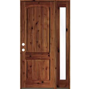 44 in. x 96 in. Rustic knotty alder Right-Hand/Inswing Clear Glass Red Chestnut Stain Wood Prehung Front Door with RFSL