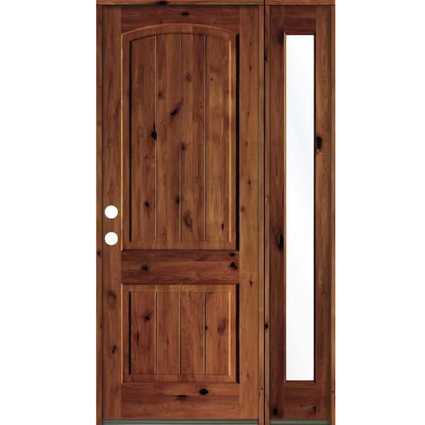 Krosswood Doors 44 in. x 96 in. Rustic knotty alder Right-Hand/Inswing Clear Glass Red Chestnut Stain Wood Prehung Front Door with RFSL