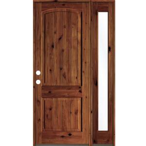 46 in. x 96 in. Rustic knotty alder Right-Hand/Inswing Clear Glass Red Chestnut Stain Wood Prehung Front Door with RFSL