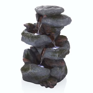 22 in. Natural Stone Polystone 3-Tier Outdoor Rock Waterfall Floor Fountain with LED Lights