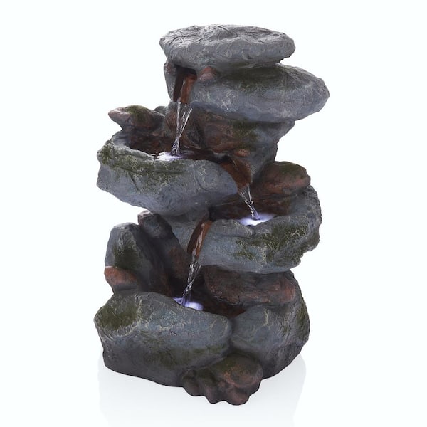 Alpine Corporation 22 in. Tall Outdoor 3-Tier Rock Waterfall Floor Fountain with LED Lights