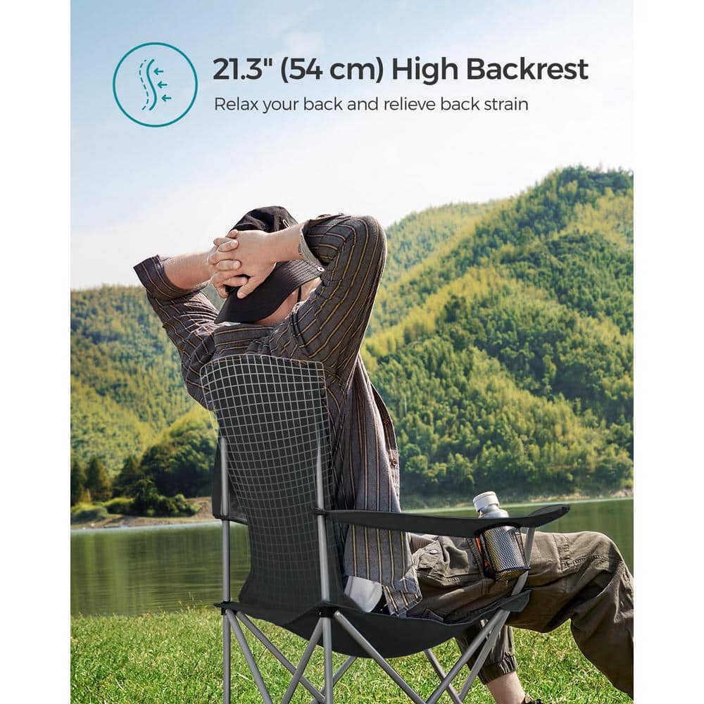Set of 2 Black Folding Camping Chairs with Cup Holders