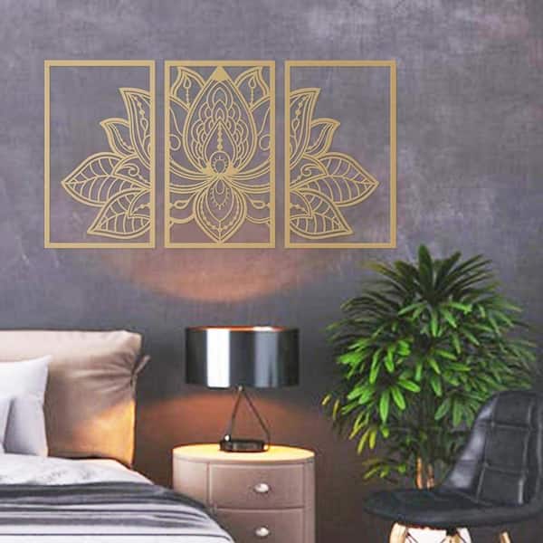 3-Pieces 17 in. x 10 in. Gold Metal Lotus Flower with Wall