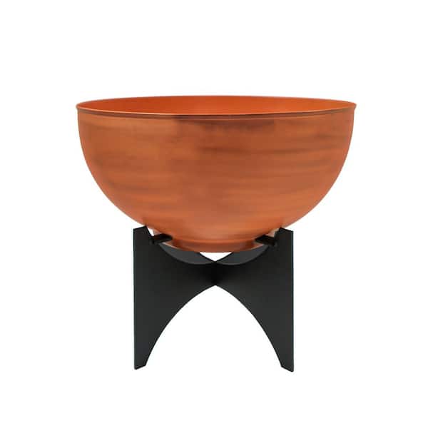 ACHLA DESIGNS 20 in. Dia Round Burnt Sienna Galvanized Steel Planter Bowl Pot with Black Wrought Iron Plant Stand