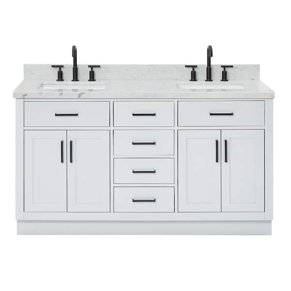 Hepburn 61 in. W x 22 in. D x 36 in. H Bath Vanity in Grey with White Carrara Marble Vanity Top with White Basins