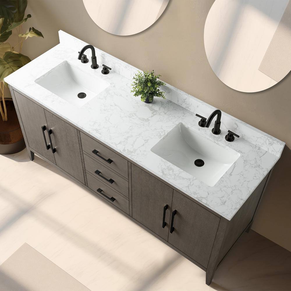 72'' Driftwood Gray Double Sink Bathroom Vanity with Marble Top