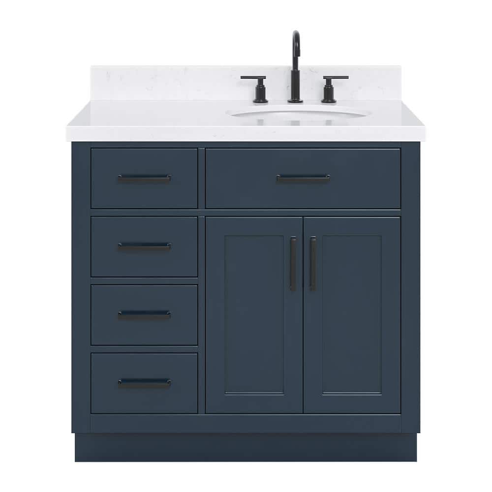Midnight Blue Hardwood Freestanding Single Sink Vanity with Quartz Top