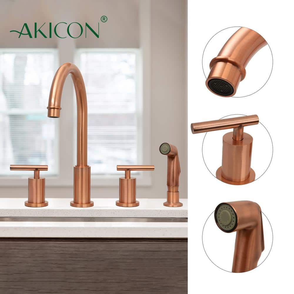 Copper Brushed Double Handle High-Arc Kitchen Faucet with Side Spray