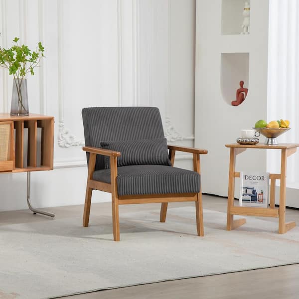 Modern Dark Grey Corduroy Accent Armchair with Wood Legs Wide Armrest and Lumbar Pillow