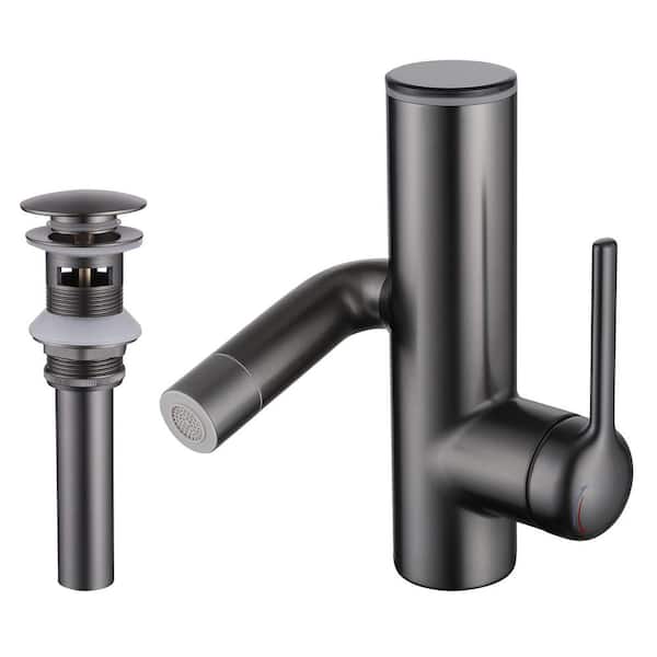 LED Temperature Display Single Handle Single Hole Bathroom Faucet with Pop-Up Drain and Swivel Spout in Gunmetal Gray