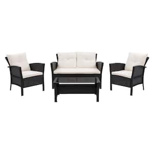 Cascade Black 4-Piece Resin Wicker Patio Conversation Set with Warm White Cushions