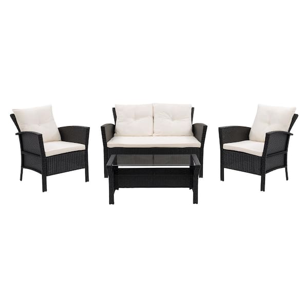 CorLiving Cascade Black 4-Piece Resin Wicker Patio Conversation Set with Warm White Cushions