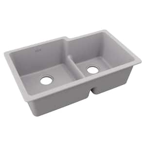 Quartz Classic 33 in. Undermount Offset 60/40 Double Bowl Greystone Granite/Quartz Composite Kitchen Sink Only