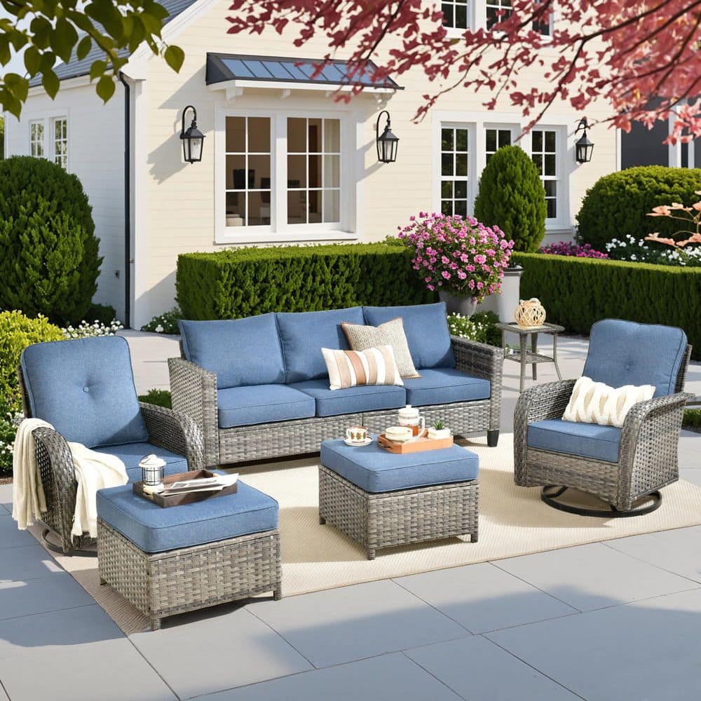 Bloom Terrace 6 Pieces Wicker Outdoor Patio and Swivel Rocking Chairs with Denim Blue Cushions price history on PriceWatchPro