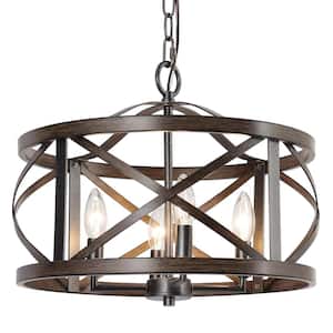 4-Light Rust Black Drum Cage Candlestick Island Chandelier with Faux Wood Accents