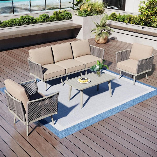 Gray Wicker Rattan 5 Seat 6-Piece Steel Outdoor Patio Conversation Sectional Set with Beige Cushions and Coffee Table