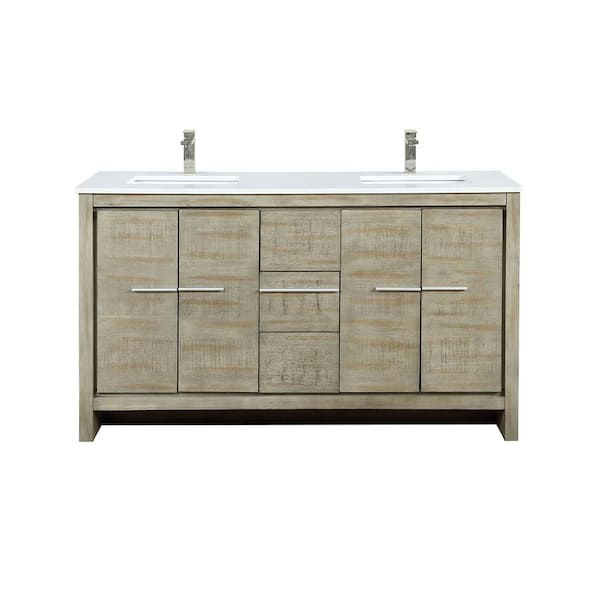 Lafarre 60 in W x 20 in D Rustic Acacia Double Bath Vanity, Cultured Marble Top and Brushed Nickel Faucet Set