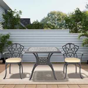 Lily Black 3-Piece Cast Aluminum Outdoor Dining Set with Square Table and Dining Chairs with Random Color Cushion