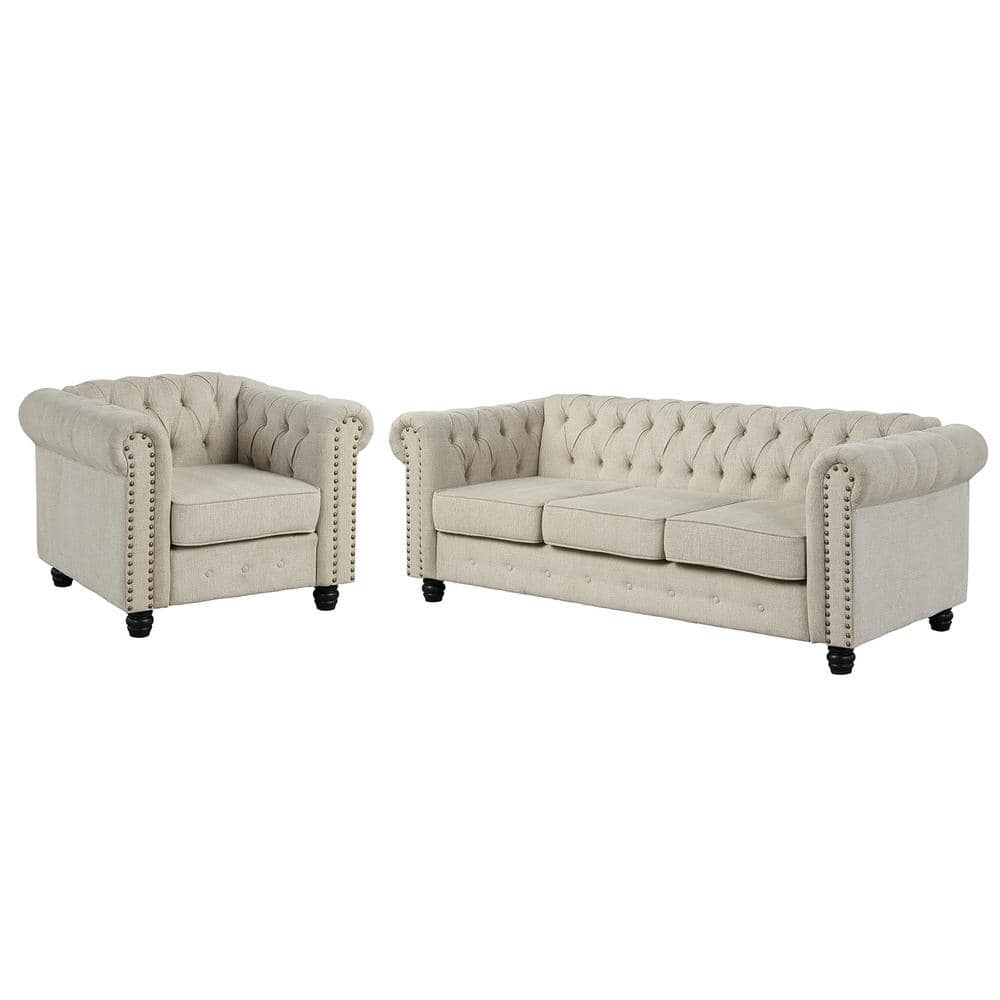 Linen Couches for Living Room Sets, Chair and Sofa 2-Pieces Top Beige