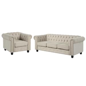 Linen Couches for Living Room Sets, Chair and Sofa 2-Pieces Top Beige
