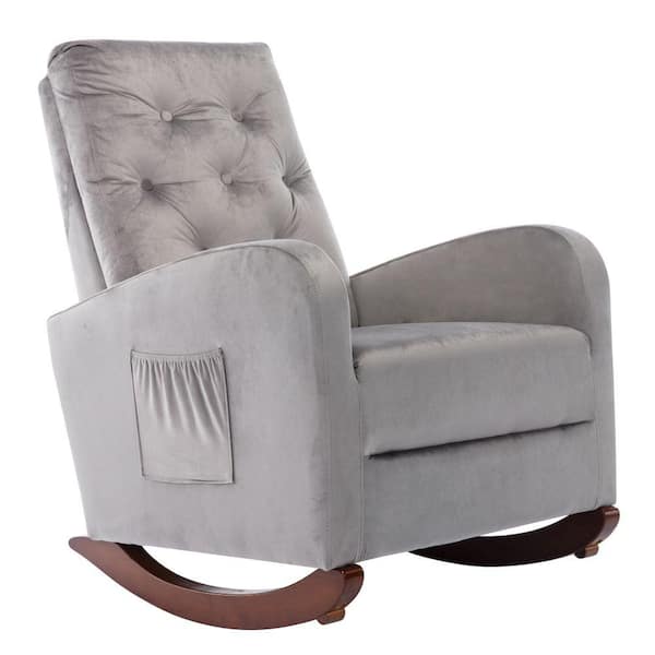 Kahomvis Grey Velvet Tufted Fabric Modern High Back Rocking Arm Chair (Set of 1)