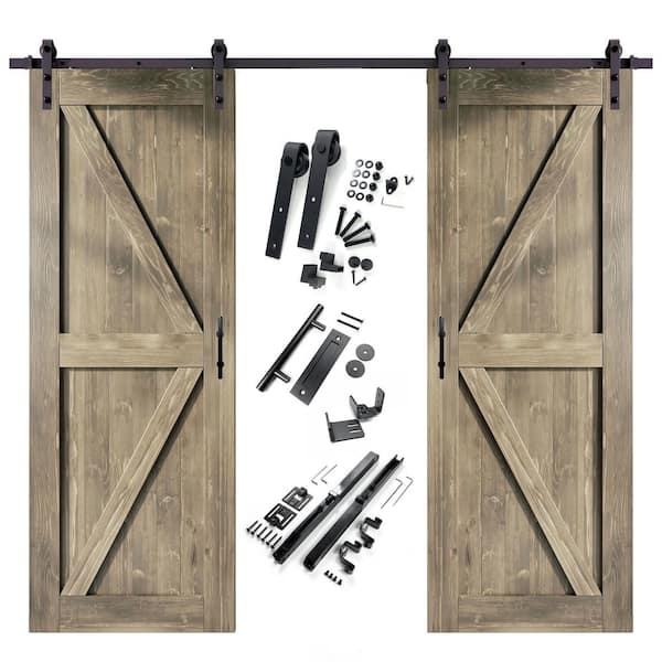HOMACER 30 in. x 96 in. K-Frame Classic Gray Double Pine Wood Interior Sliding Barn Door with Hardware Kit, Non-Bypass
