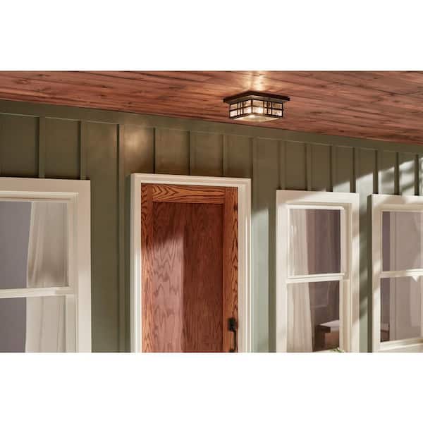 Beacon Square 2-Light Olde Bronze Outdoor Porch Ceiling Flush Mount Light with Clear Hammered Glass (1-Pack)