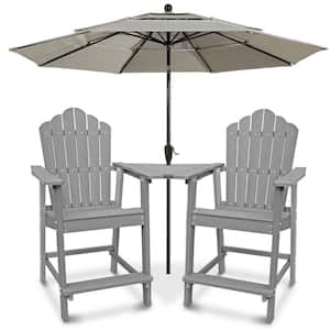 4-Piece Outdoor HIPS Adirondack Chair Set Seating Group Set with Attached Tray and 3-Tiers Outdoor Market Umbrella