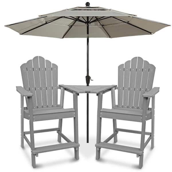 Mondawe 4-Piece Outdoor HIPS Adirondack Chair Set Seating Group Set with Attached Tray and 3-Tiers Outdoor Market Umbrella
