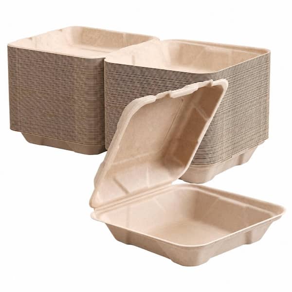 50 Pack Compostable 8x8 Inch Heavy-Duty Disposable Take Out Food Containers Made From Bagasse Fiber