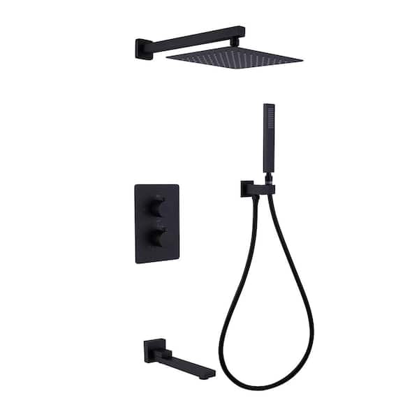 FLG Double Handle 1-Spray Thermostatic Tub and Shower Faucet 1.8 GPM Wall Mount Shower System in Matte Black Valve Included