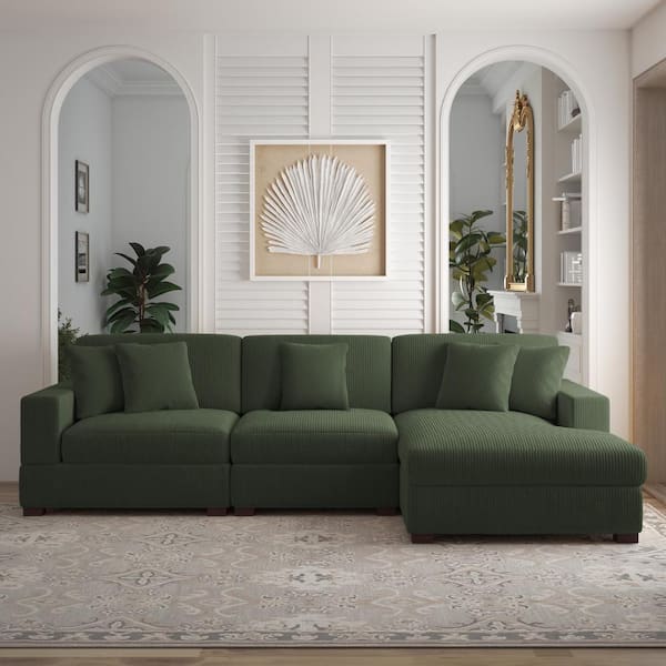 118 in. Square Arm 3-Piece Corduroy Upholstered L-Shaped Sectional Sofa in Green