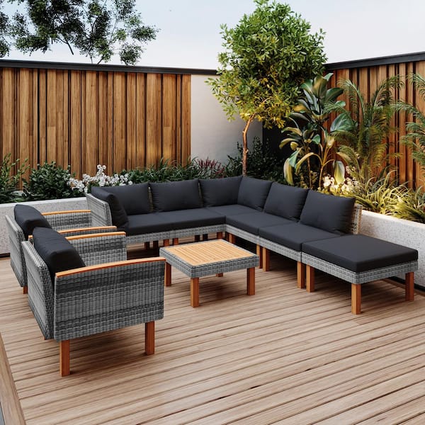 9-Piece Gray Wicker Outdoor Sectional Set with Gray Cushions