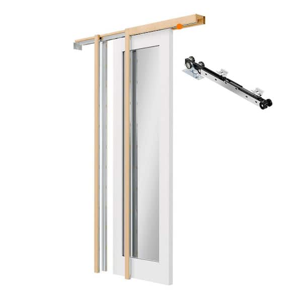 32 in. x 80 in. Full-Lite Mirror Glass White Primed Solid Wood Pocket Door with Soft Close, Frame and Hardware