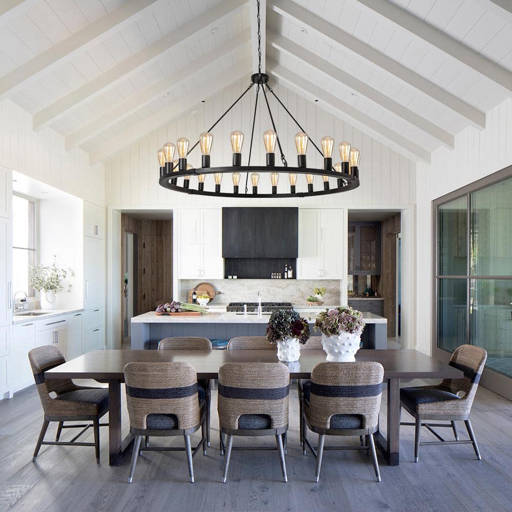 Extra Large Black Metal 24-Light Wagon Wheel Chandelier