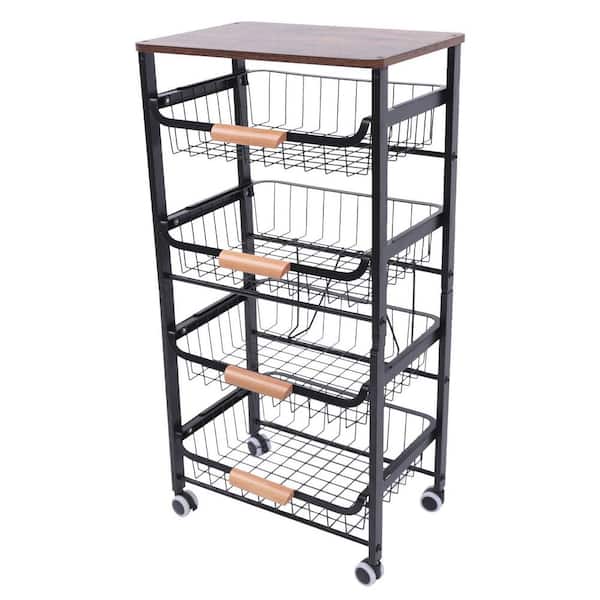 YIYIBYUS Black Rolling 4-Tier Metal Shlving Unit Storage Cart with Baskets 11 in. W x 35.8 in. H x 16.9 in. D